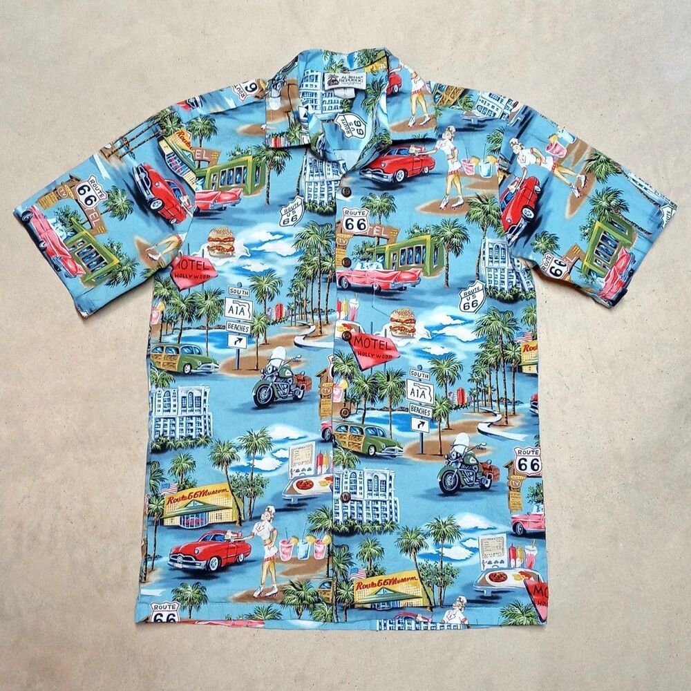 VTG Aloha Republic Hawaiian Route 66 Shirt SMALL Made USA Rockabilly Americana